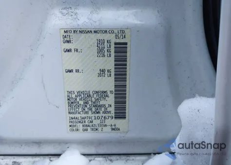 2015 Nissan Altima 2.5 Sl z USA, uszkodzony, nr VIN 1N4AL3AP7FC107679